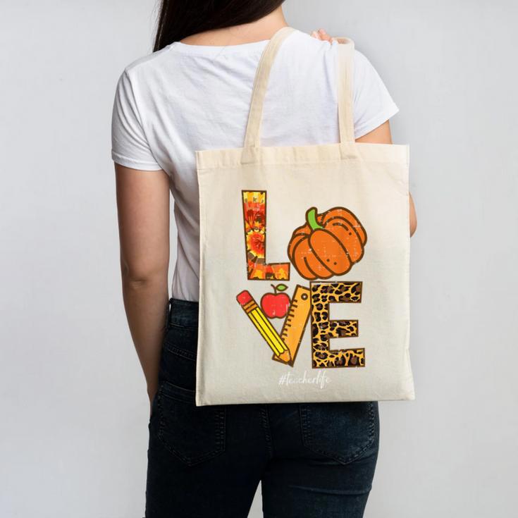 Leopard Pumpkin Love Teacher Life Thanksgiving Fall Women Canvas Tote Bag