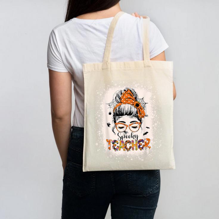 Messy Bun Spooky Teacher Bleached Halloween Teachers Canvas Tote Bag