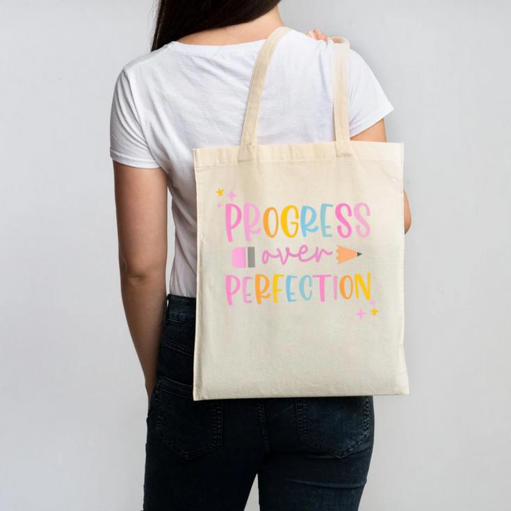 Motivational Progress Over Perfection Back To School Teacher Canvas Tote Bag