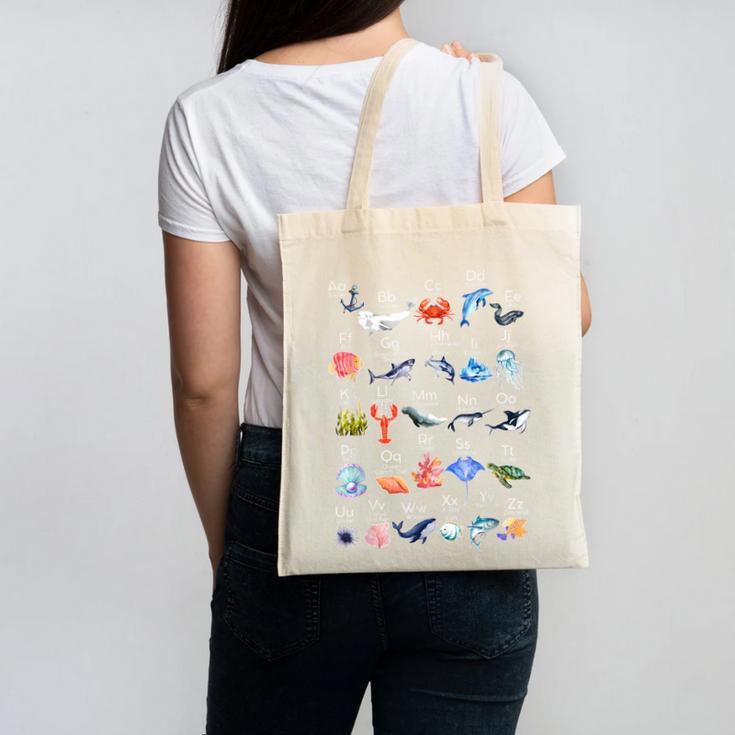 Ocean Animals Alphabet Cute Sea Life ABC Marine Kids Teacher Canvas Tote Bag