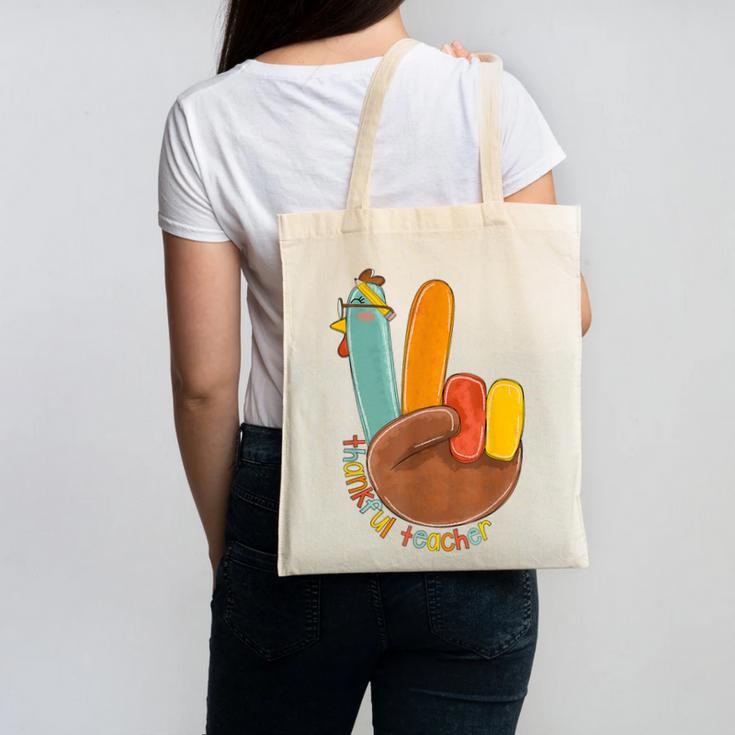 One Thankful Teacher Thanksgiving Turkey Peace Hand Sign Canvas Tote Bag