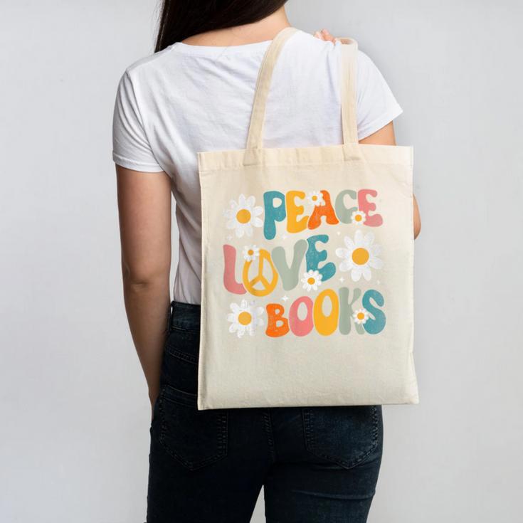 Peace Love Books Bookworm Librarian Reading Teacher Groovy Canvas Tote Bag
