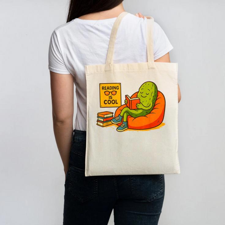 Pickle Reading Books Bookworm Teacher Librarian Kids Retro Canvas Tote Bag