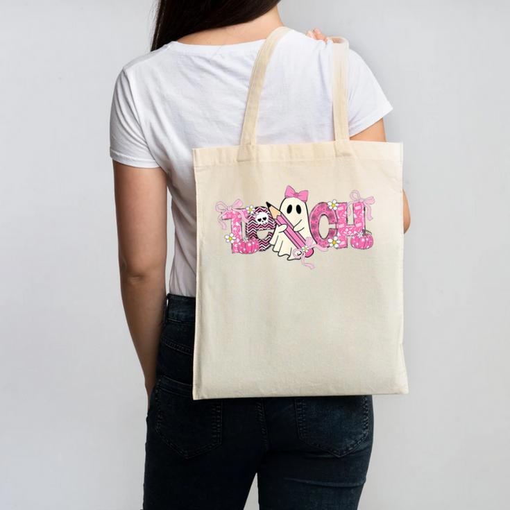 Pink Ghost Teach Halloween Teacher In Spooky Season Canvas Tote Bag