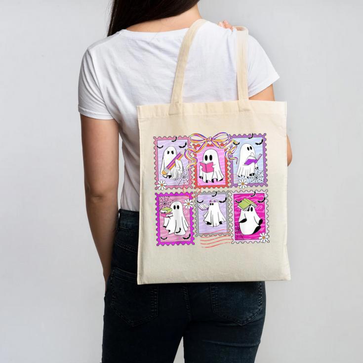 Preppy Spooky Teacher Halloween Ghost Coquette Bow Autumn Canvas Tote Bag