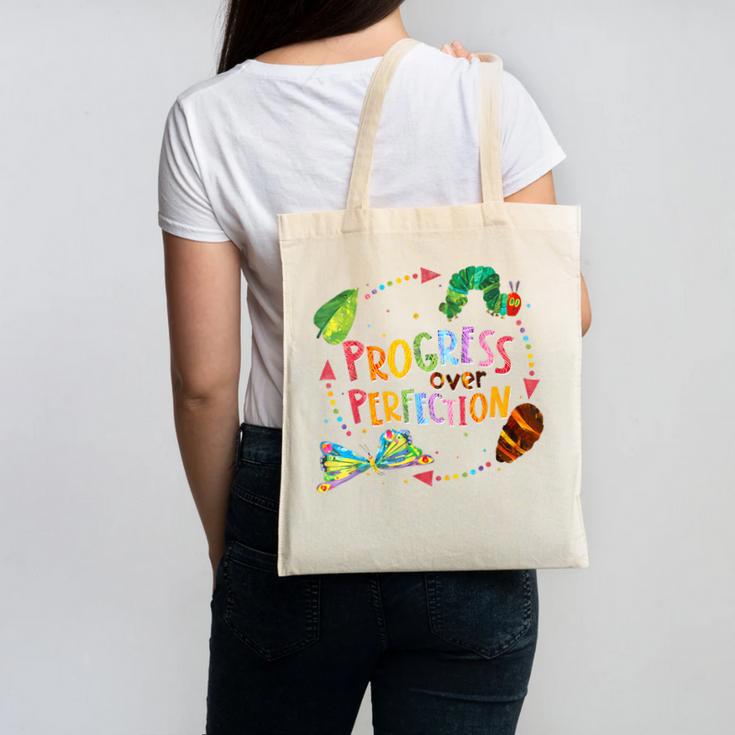 Progress Over Perfection Caterpillar Teacher Back To School Canvas Tote Bag