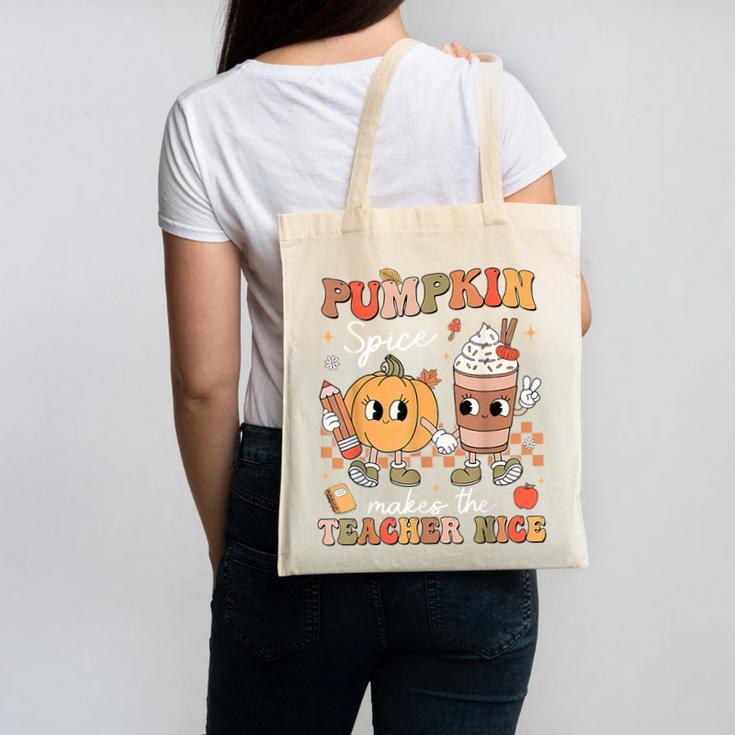 Pumpkin Spice Makes Teacher Nice Retro Fall Spooky Season Canvas Tote Bag