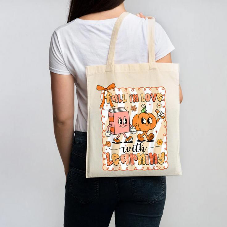 Pumpkin Teacher Preppy Fall In Love With Learning Autumn Canvas Tote Bag