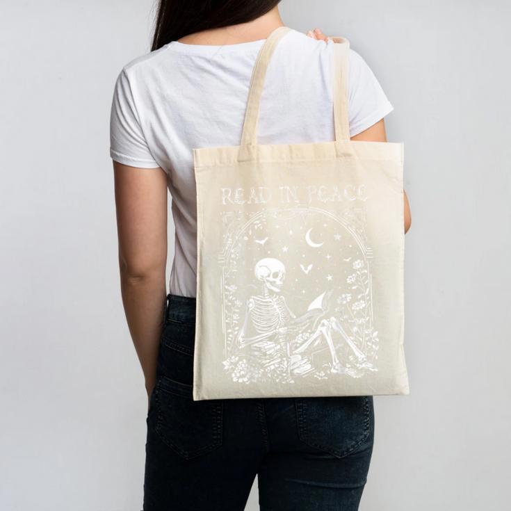 Read In Peace Skeleton Reading Teacher Spooky Halloween Canvas Tote Bag