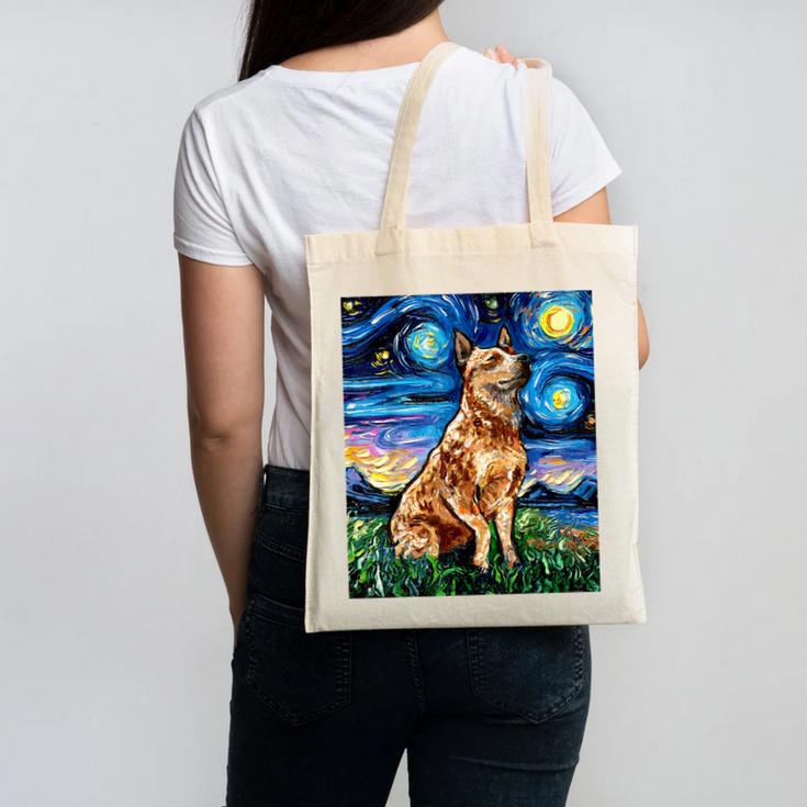 Red Heeler Starry Night Cattle Dog Colorful Art By Aja For Men Women Girls Kids Canvas Tote Bag