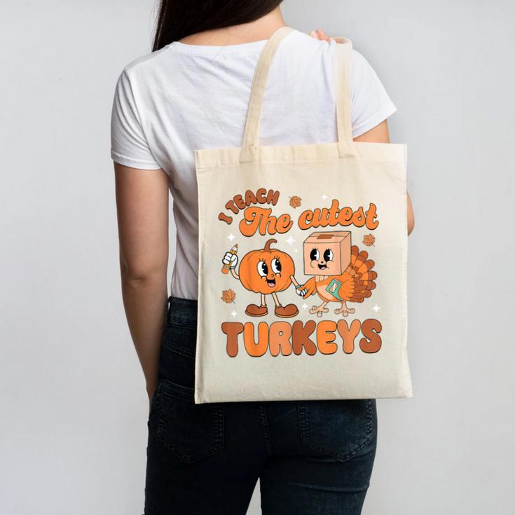 Retro I Teach The Cutest Turkey Thanksgiving Pumpkin Teacher Canvas Tote Bag