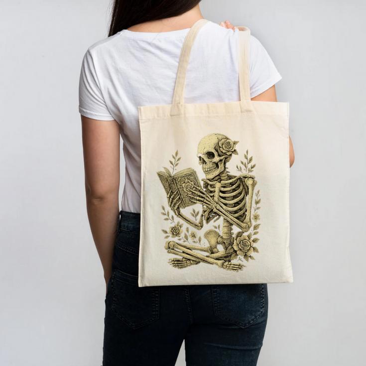 Skeleton Book Floral Skull Halloween Teacher Costume Canvas Tote Bag
