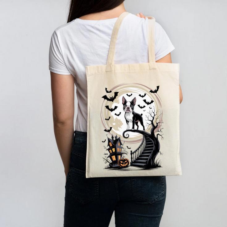Spooky Halloween Moon Boston Terrier Boston Bull Bostie Canvas Tote Bag
