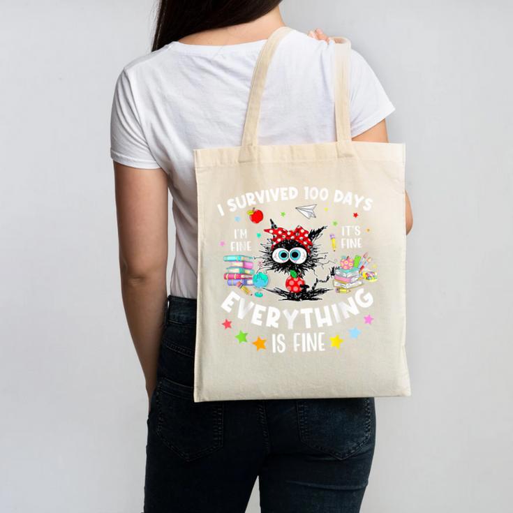 I Survived 100 Days Of School Teacher Kids Cat Lover Canvas Tote Bag