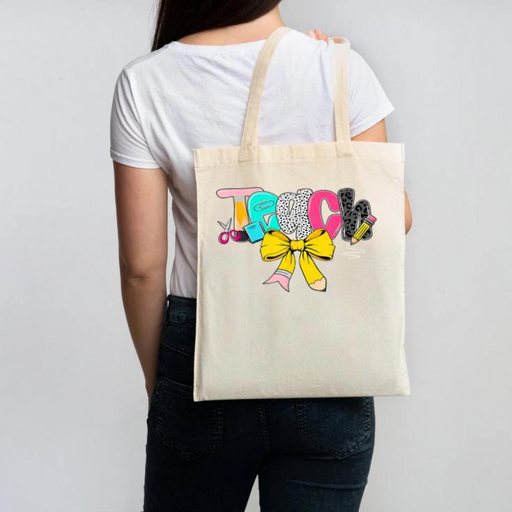 Teach Coquette Bow Teacher Back To School Happy First Day Canvas Tote Bag