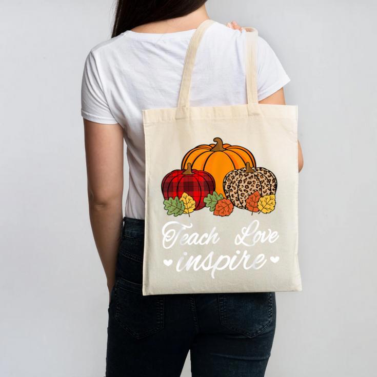 Teach Love Inspire Autumn Fall Plaid Leopard Pumpkin Teacher For Men Women Kids Canvas Tote Bag