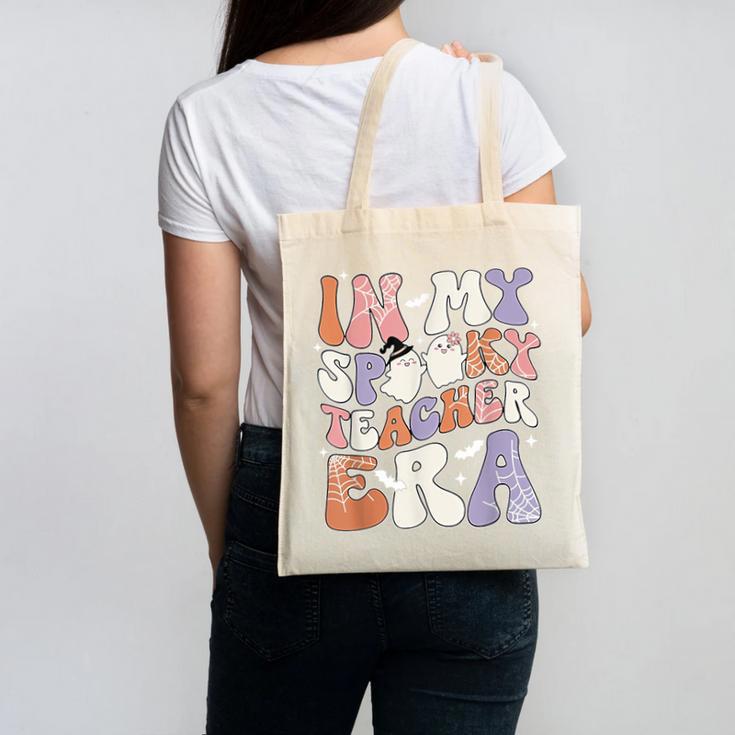 Teacher Halloween In My Spooky Teacher Era Retro Groovy Canvas Tote Bag