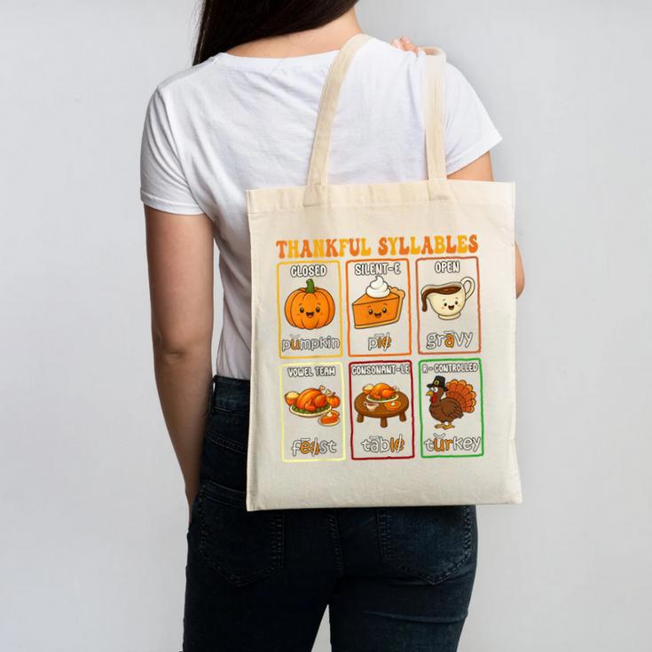Thankful Syllables Thanksgiving Phonics Reading Teacher Fall Canvas Tote Bag
