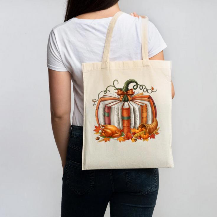 Thanksgiving Book Pumpkin Reading Teachers Fall Lovers Boys Canvas Tote Bag