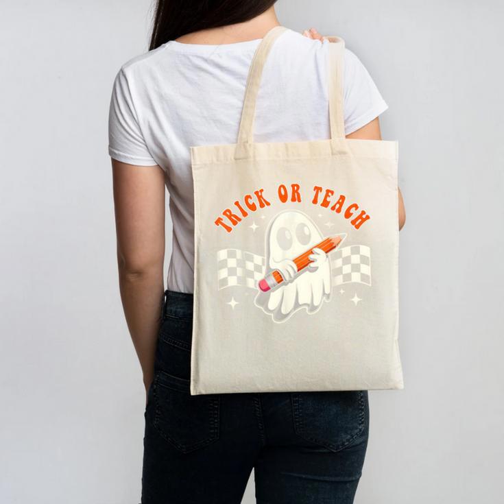 Trick Or Teach Groovy Retro Ghost Halloween Teacher Kids Canvas Tote Bag