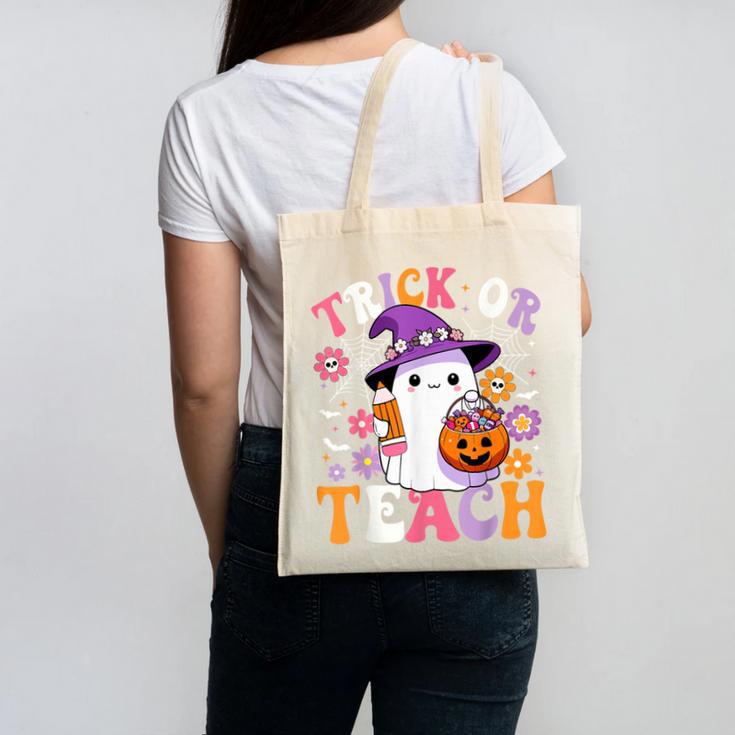 Trick Or Teach Groovy Teacher Ghost Halloween Teacher Canvas Tote Bag