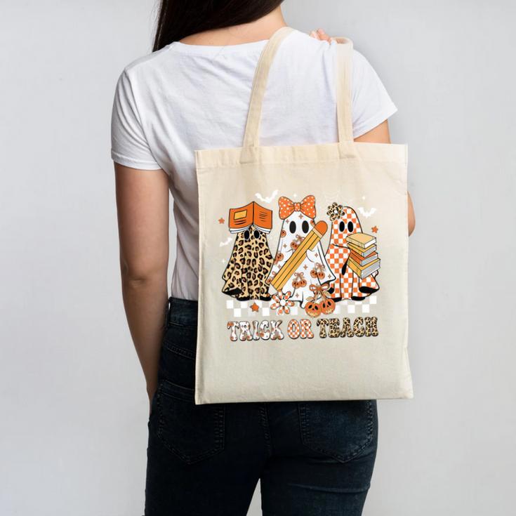 Trick Or Teach Groovy Teacher Halloween Floral Ghost Canvas Tote Bag