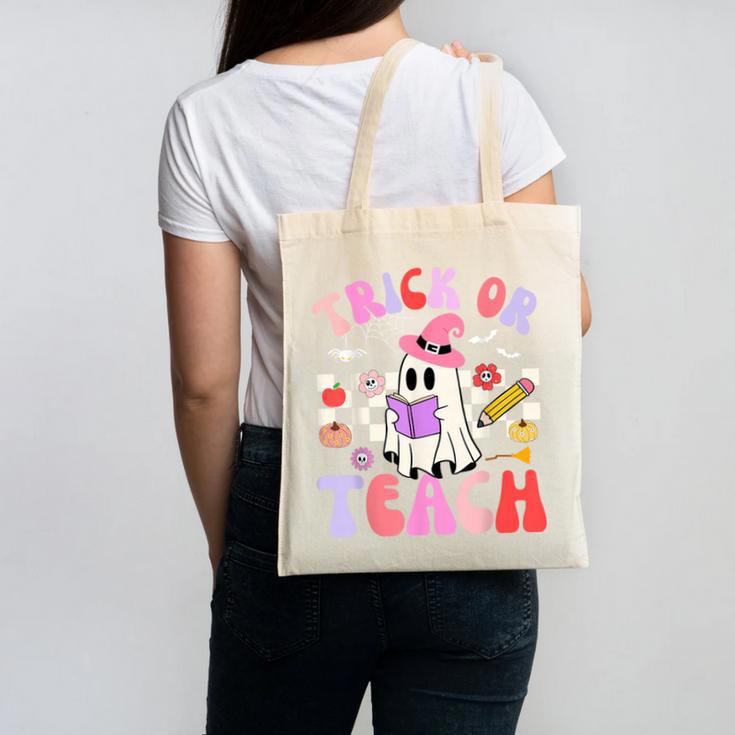 Trick Or Teach Halloween Teacher Floral Ghost Groovy Canvas Tote Bag