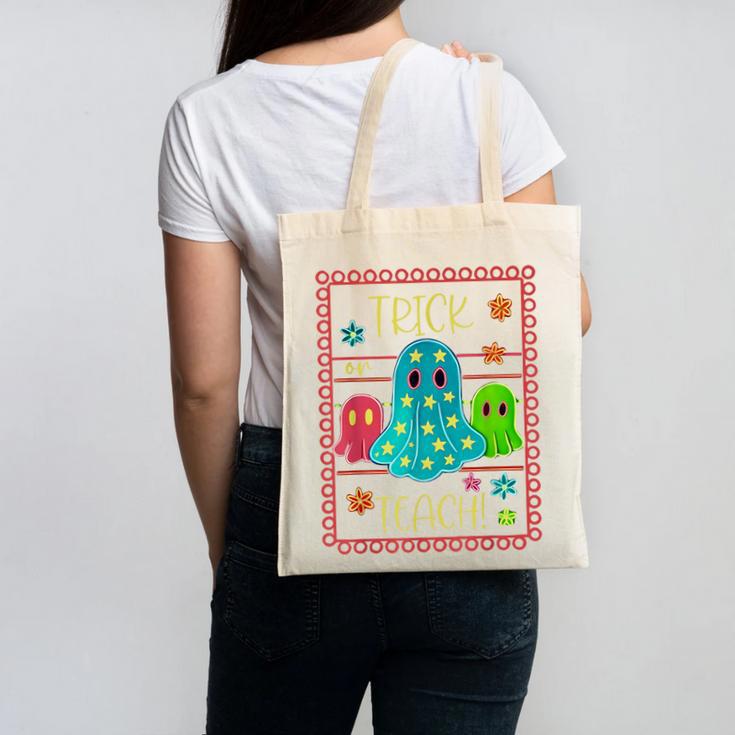 Trick Or Teach Neon Ghost Flower Teacher Spooky Halloween Canvas Tote Bag