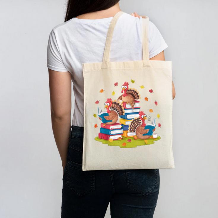 Turkey Reading Books Fall Season Thanksgiving Teacher Book Canvas Tote Bag