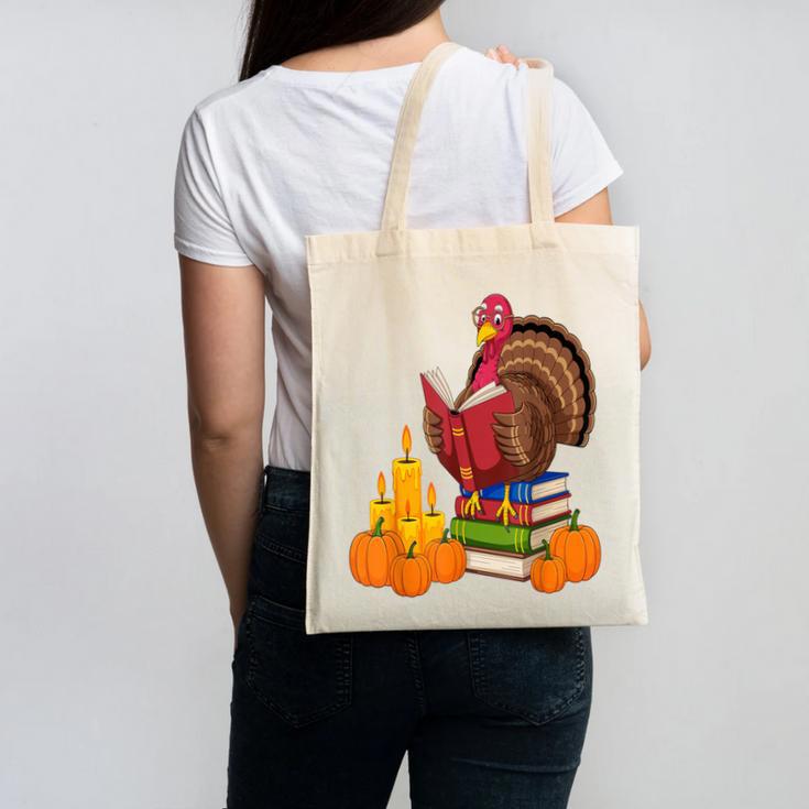 Turkey Reading Books Fall Thanksgiving Teacher Book Canvas Tote Bag