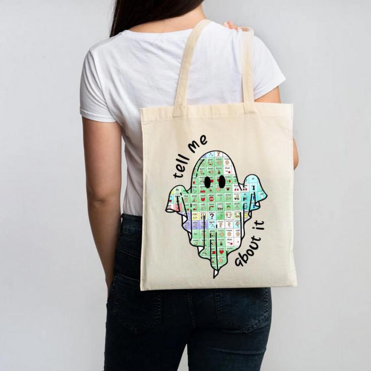 AAC Ghost Tell Me About It Speech Pathology AAC Sped Teacher Canvas Tote Bag