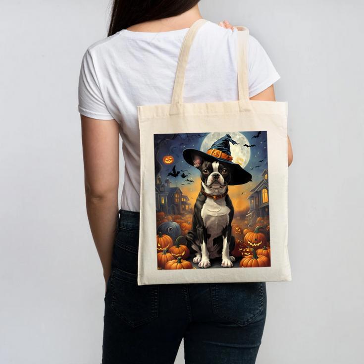 Aesthetic Halloween Boston Terrier Dog Witch Pumpkin For Men Women Kids Canvas Tote Bag, Boston Terrier Halloween Gifts, trending gift