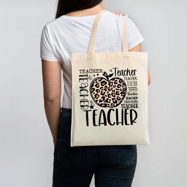 Back To School Teacher Life Apple Leopard Teacher Women Canvas Tote Bag