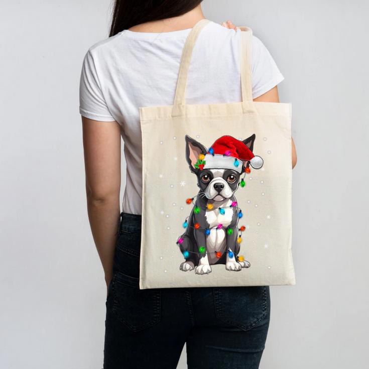 Boston Terrier Christmas Santa Hat Tree Lights Pajama Canvas Tote Bag, Boston Terrier Christmas Gifts, trending gift