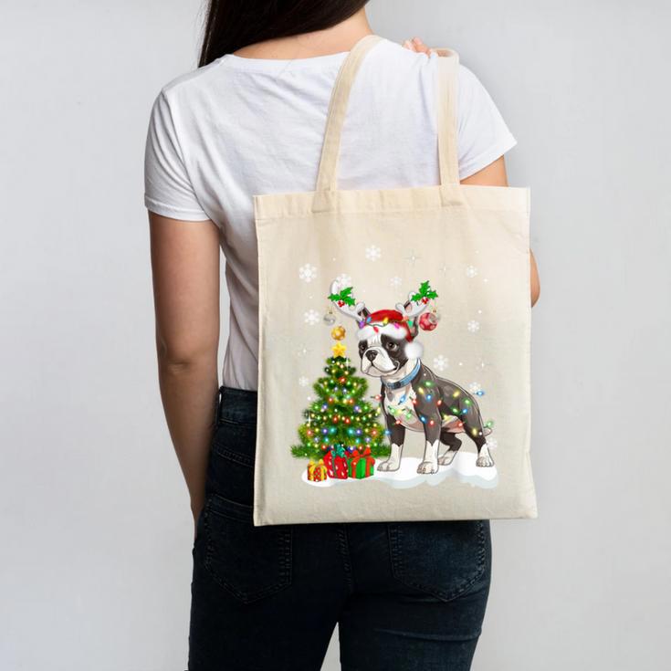 Boston Terrier Christmas Tree Lights Santa Hat Canvas Tote Bag, Boston Terrier Christmas Gifts, trending gift