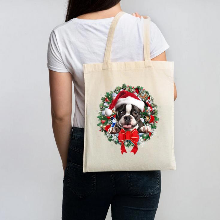 Boston Terrier Christmas Wreath Decoration Xmas Pajamas Canvas Tote Bag, Boston Terrier Christmas Gifts, trending gift