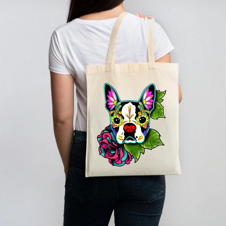 Boston Terrier In Day Of The Dead Sugar Skull Dog Canvas Tote Bag, trending gift