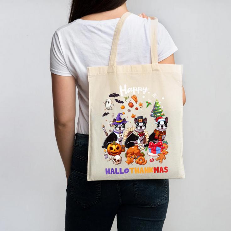 Boston Terrier Dog Christmas Happy Hallothankmas Halloween For Men Women Kids Canvas Tote Bag, Boston Terrier Christmas Gifts, Boston Terrier Halloween Gifts, trending gift