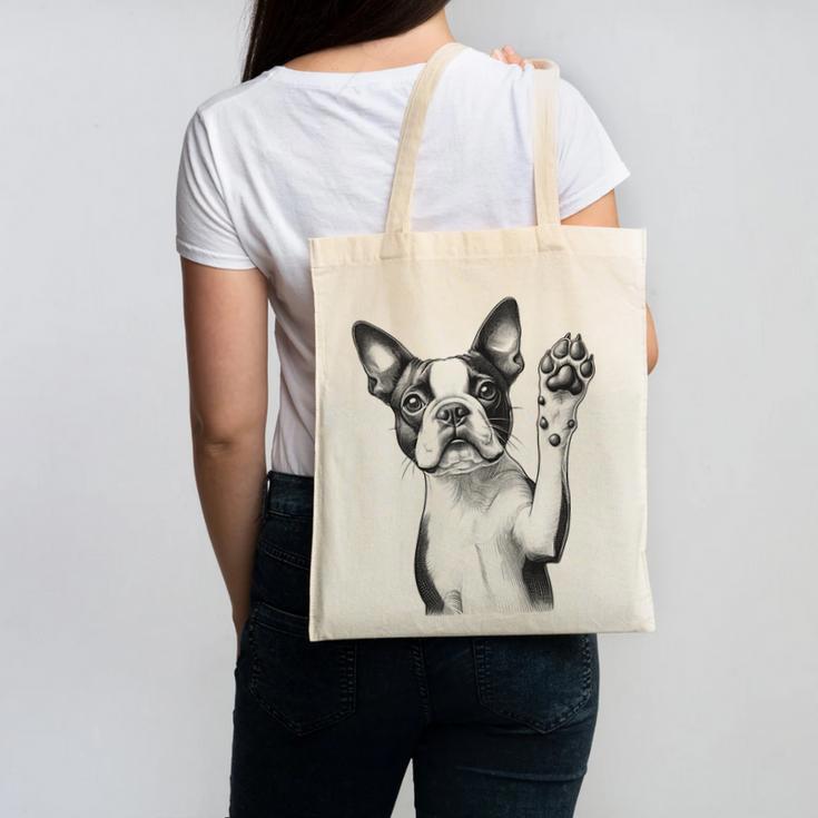 Boston Terrier Dog Raising Paw Idea Men Women Canvas Tote Bag