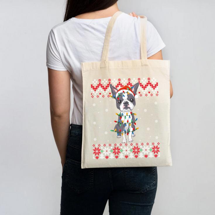 Boston Terrier Dog Santa Hat Men Kids Ugly Christmas Light Canvas Tote Bag
