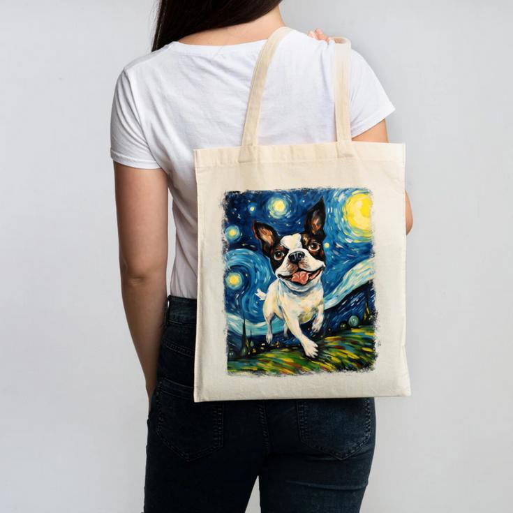 Boston Terrier Dog Starry Night Painting Canvas Tote Bag, trending gift
