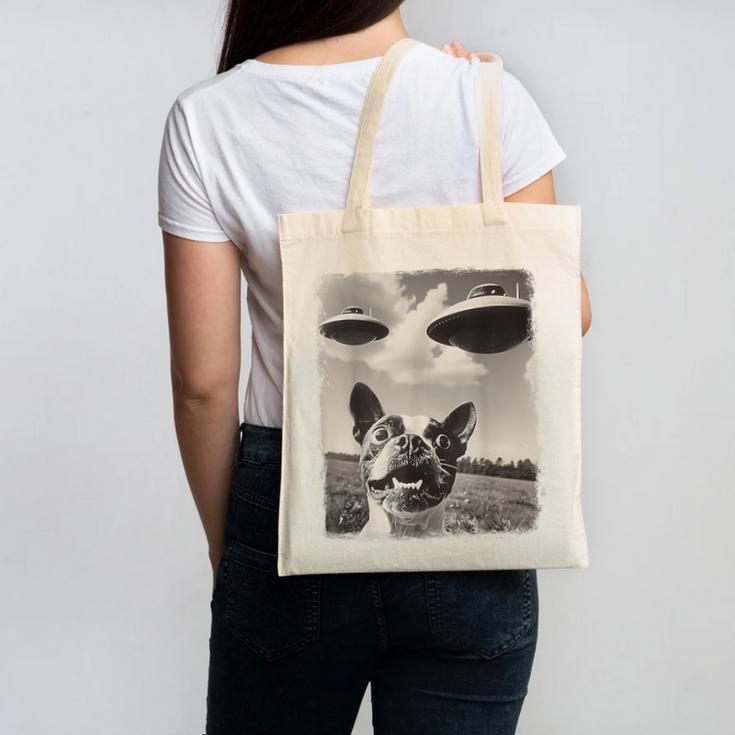 Boston Terrier Dog UFO Alien Extraterrestrial Selfie Canvas Tote Bag, trending gift
