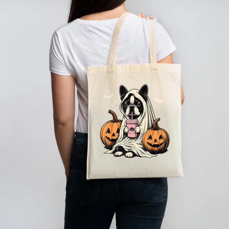 Boston Terrier Ghost Boo Halloween Costume Spooky Season Canvas Tote Bag, Boston Terrier Ghost Gifts, Boston Terrier Halloween Gifts, trending gift