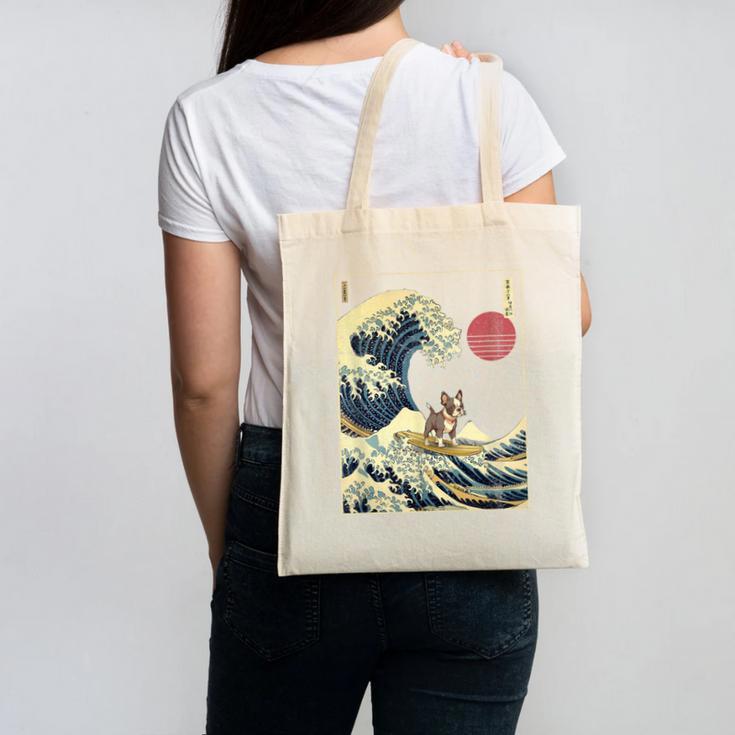 Boston Terrier Japanese Kanagawa Wave Surf Dog Canvas Tote Bag, trending gift
