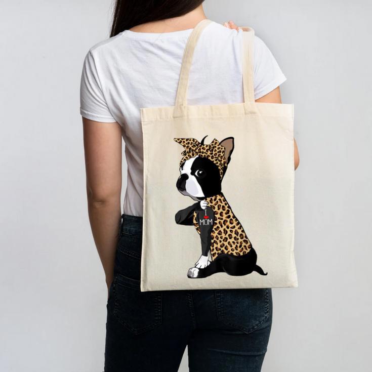 Boston Terrier Lover I Love Mom Tattoo Leopard Canvas Tote Bag