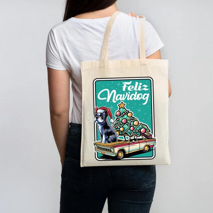 Boston Terrier Merry Christmas Tree Truck Dog X-Mas Canvas Tote Bag