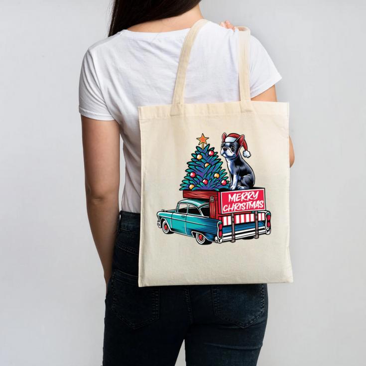 Boston Terrier Merry Christmas Tree Truck Santa Dog X-Mas Canvas Tote Bag