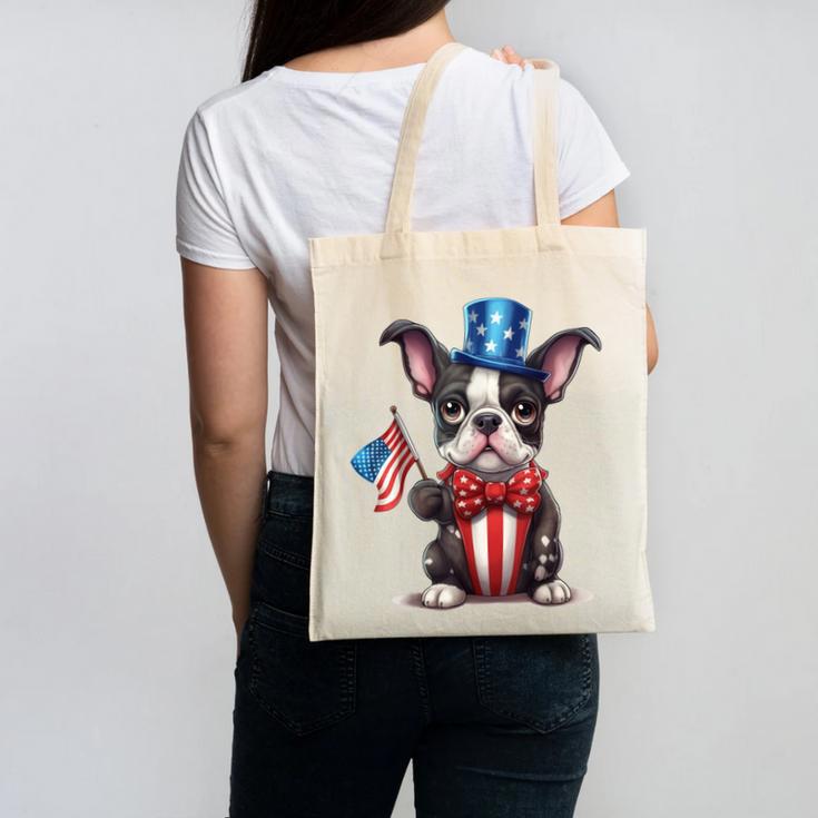 Boston Terrier Puppy Dog Holds His American Flag 4th Of July Canvas Tote Bag