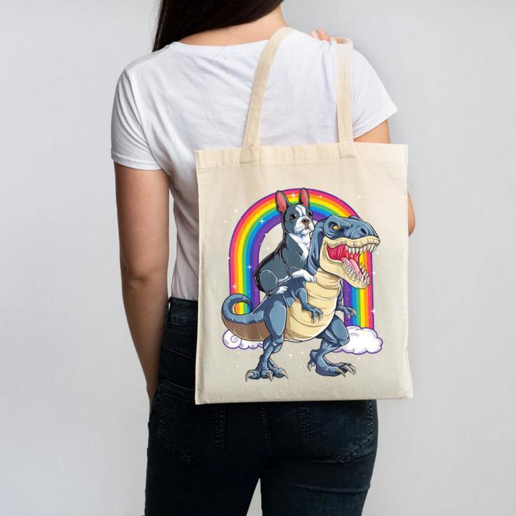 Boston Terrier Riding Dinosaur T-Rex Boys Kids Rainbow Canvas Tote Bag, Boston Terrier Riding Gifts, trending gift