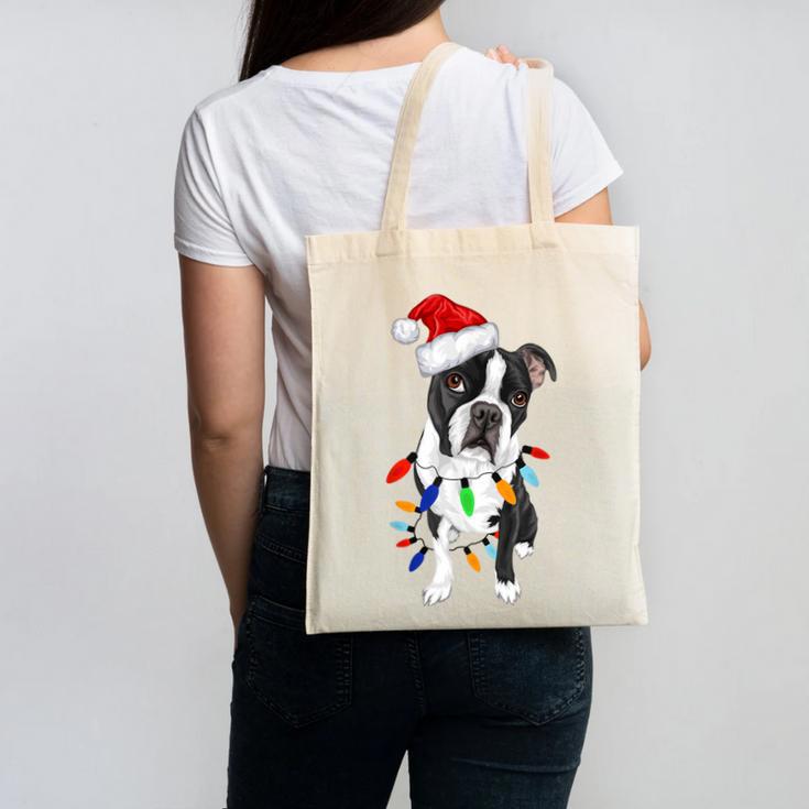 Boston Terrier Santa Christmas Lights Xmas Dog Lover Men Women Kids Canvas Tote Bag, Boston Terrier Christmas Gifts, trending gift